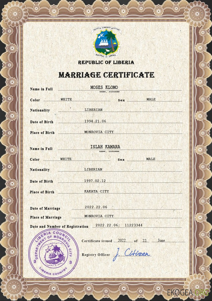 Modèle PSD de certificat de mariage au Libéria